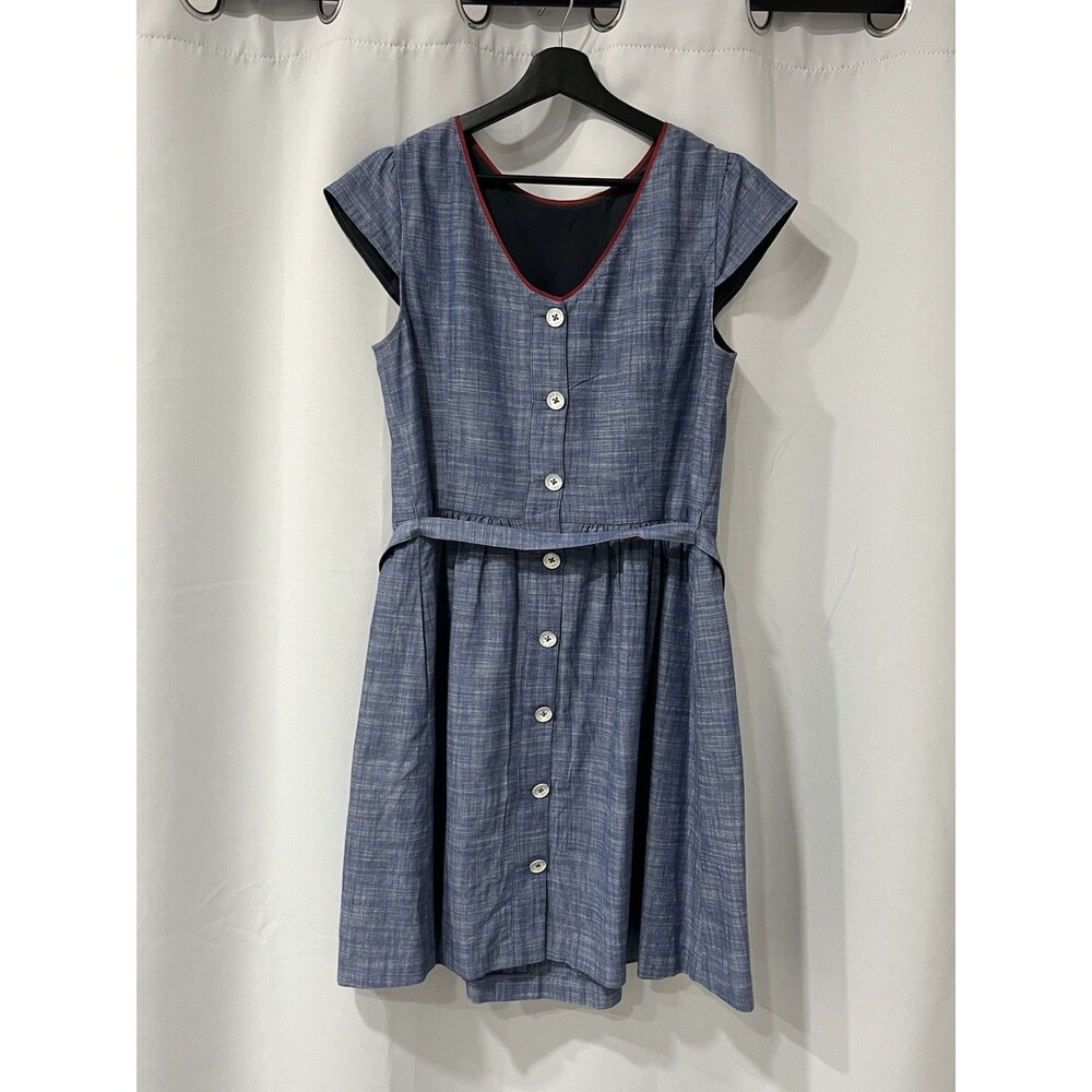 Brooks Brothers 346 Womens 12 Chambray Cotton Fit Flare Dress Belted Blue Red
